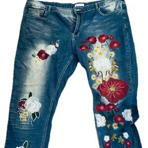 MISSLOOK Women's Straight Leg Jeans with Red and White Floral Embroidery sixe 4x